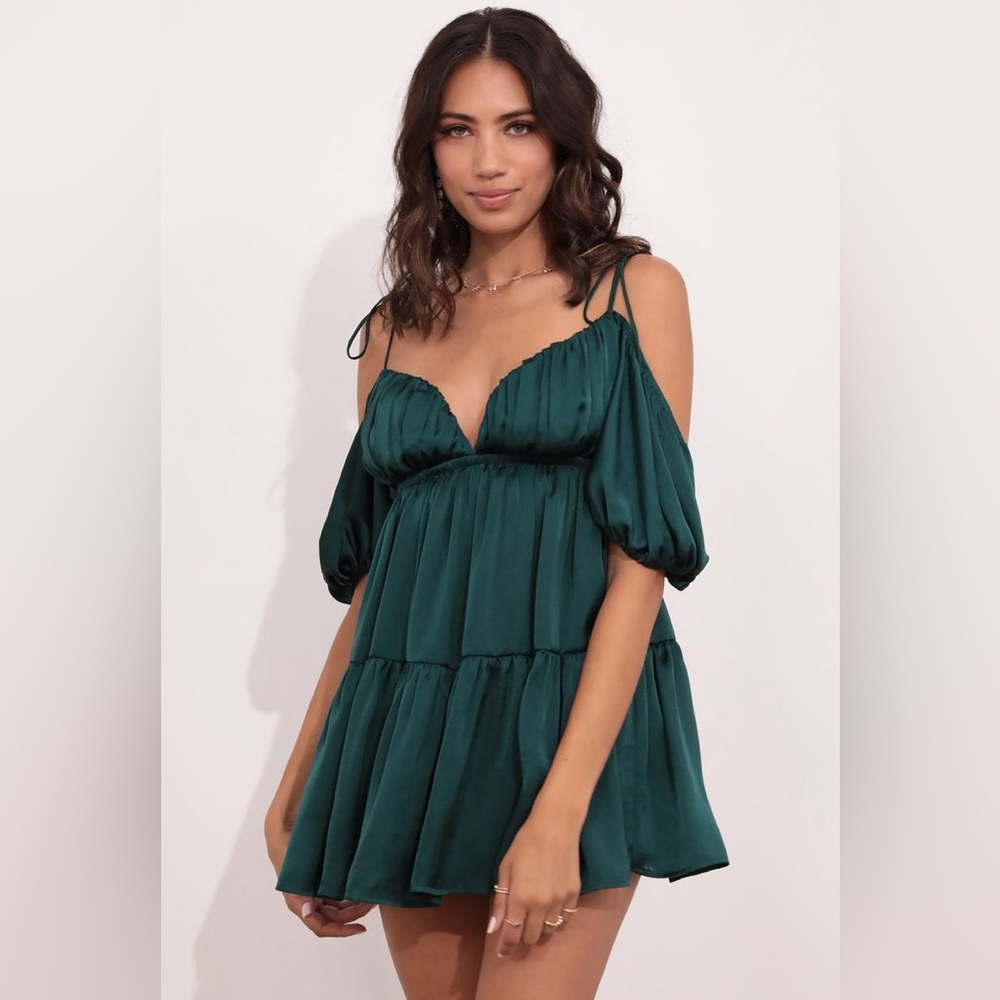 Lucy in the Sky Satin Babydoll Dress in Forest Green